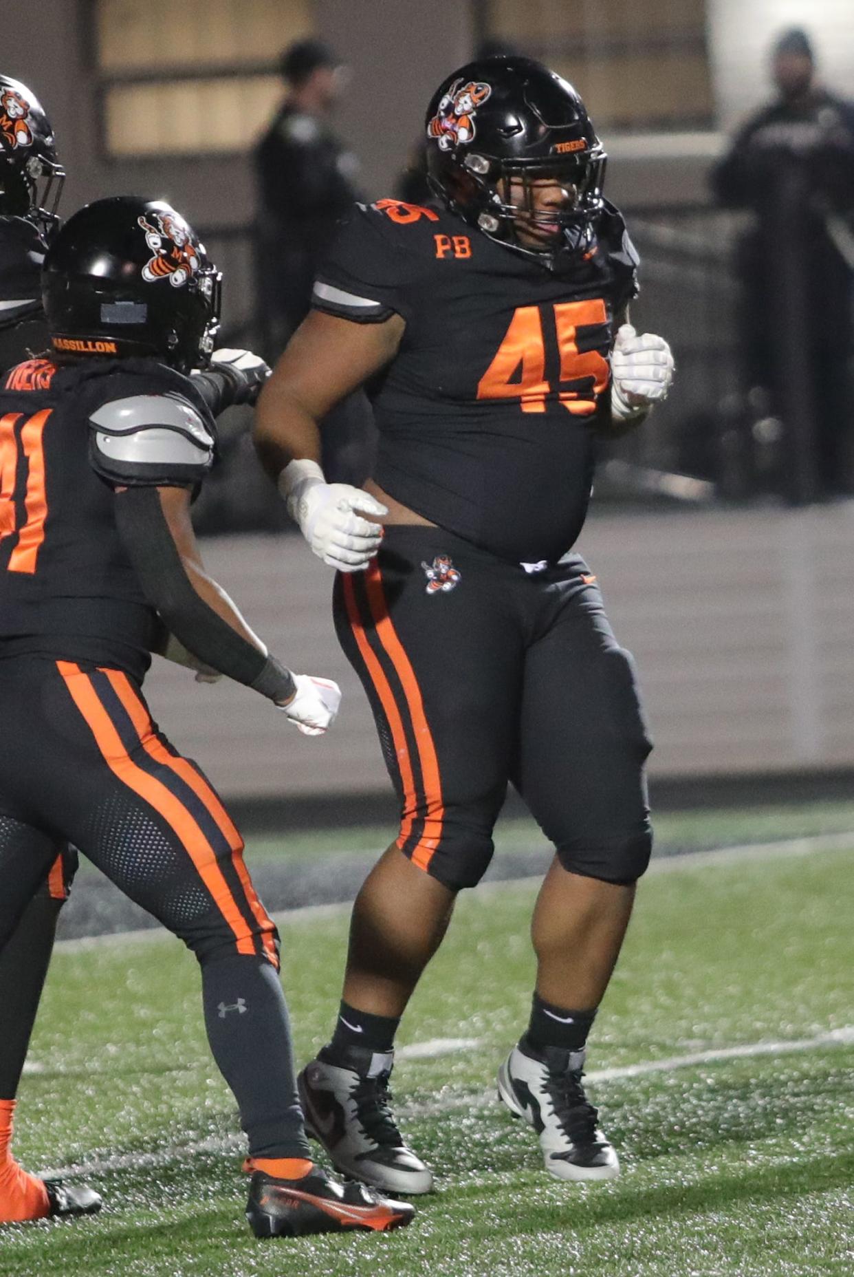 Massillon's Michael Wright Jr (45) reacts after sacking Westerville South QB Dominic Birtha during a home playoff game, Friday, Nov. 3, 2023.