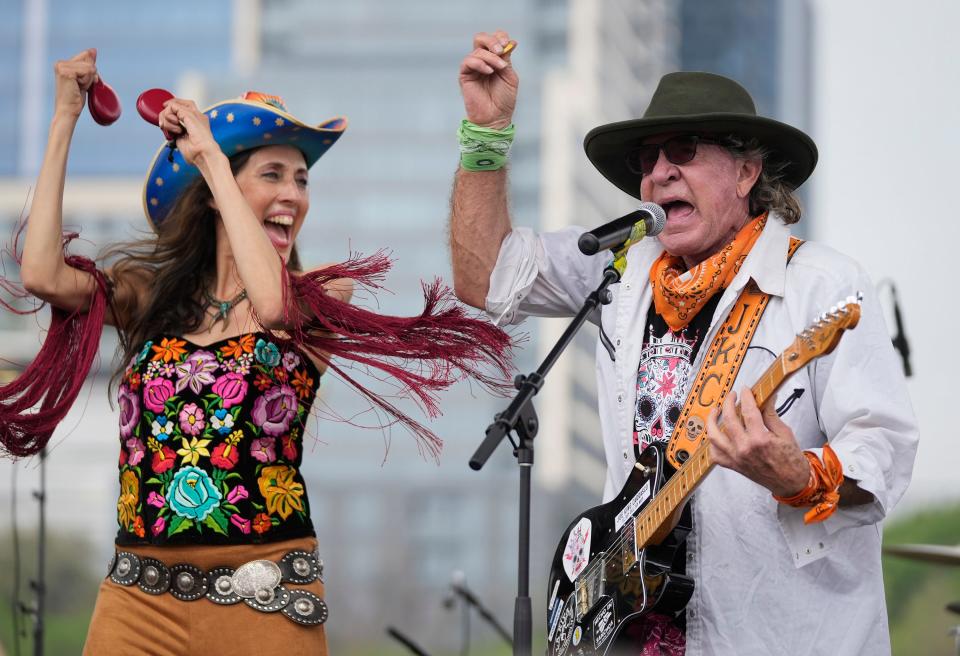 Joe King Carrasco, with Patricia Vonne on castanets, performs at the Steamboat 1874 Reunion Concert at Auditorium Shores during SXSW Thursday March 14, 2024. The concert featured Austin bands that frequently performed at the Sixth Street venue in the 90s.