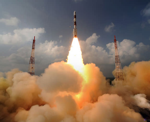 India's first mission to Mars, the Mars Orbiter Mission, launches the Mangalyaan orbiter toward the Red Planet atop a Polar Satellite Launch Vehicle on Nov. 5, 2013 from the Indian Space Research Organisation's Satish Dhawan Space Centre in Sri