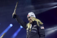 United States' Mikaela Shiffrin poses with the gold medal of the women's World Championship giant slalom, in Meribel, France, Thursday Feb. 16, 2023. (AP Photo/Gabriele Facciotti)