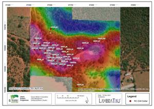 Map of Otse South showing drill holes against geophysical chargeability