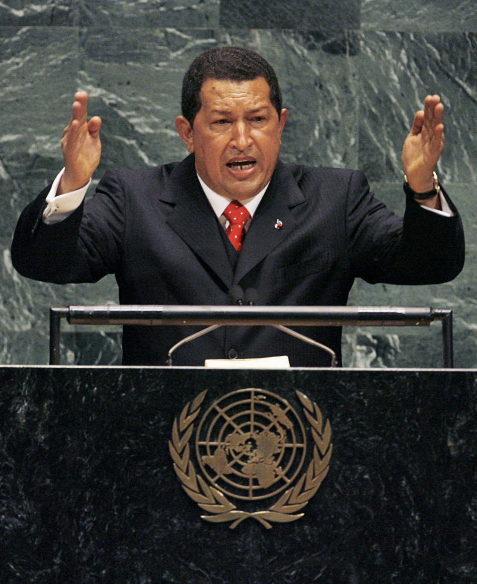 Hugo Chavez addresses the 61st General Assembly of the United Nations at United Nations headquarters in New York in September 2006. He famously made a speech damning then President George Bush. He said in Spanish: "Yesterday, the devil came here. Right here. Right here. And it smells of sulfur still today, this table that I am now standing in front of.” To scattered laughter he made the sign of the cross, brought his hands together in prayer and looked up at the ceiling. His remarks were not well received by American officials (Reuters)