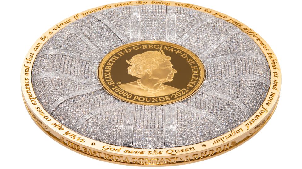 The coin's obverse side features a 24-carat gold center coin sat in a bed of diamonds resembling the UK's flag. - Courtesy Three Sixty