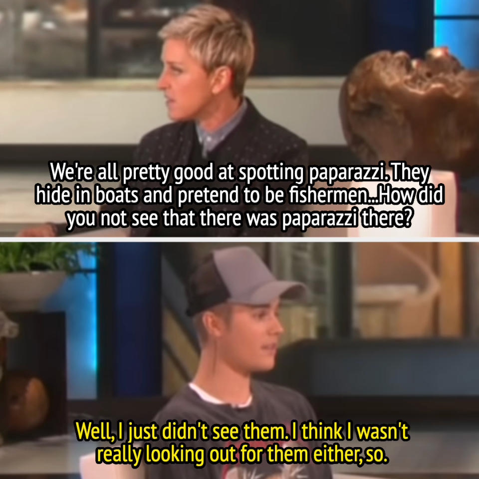 Ellen shows Justin's blurred nude picture and asks how he didn't see the paparazzi, and Justin says he wasn't really looking