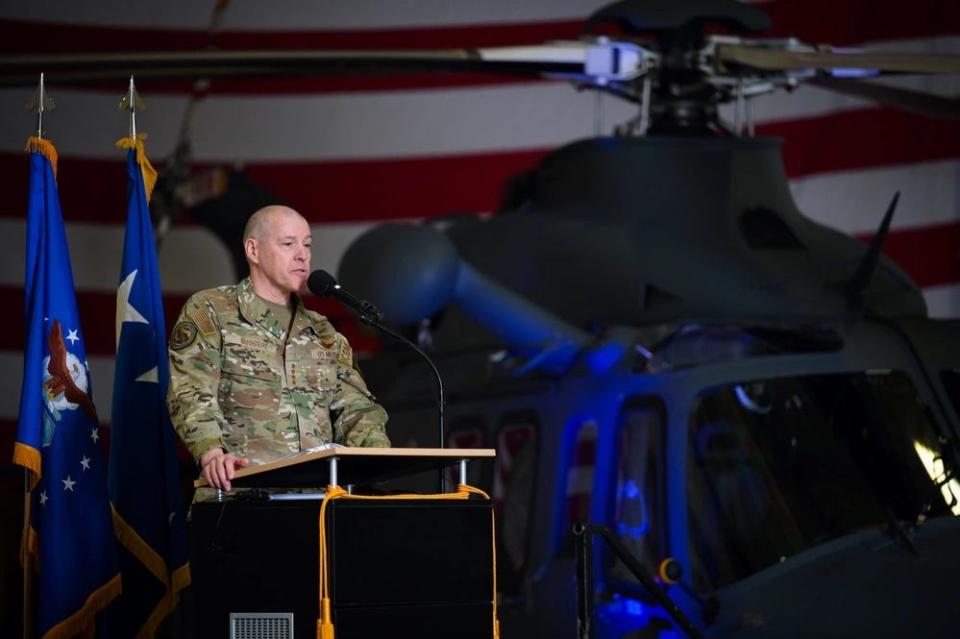 Gen. Thomas Bussiere, Commander Air Force Global Strike Command, offers remarks during an arrival ceremony for the MH-139A Grey Wolf helicopter March 9, 2024, at Malmstrom Air Force Base, Mont. The Grey Wolf will support nuclear security and continuity of government operations with its increased speed, range, life and endurance while also meeting missile field security requirements.
