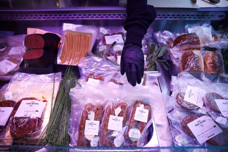Food products are seen on display inside 'Rudy's Vegan Butcher' shop, amid the coronavirus (COVID-19) outbreak, in London