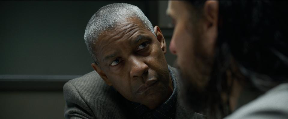 Deke (Denzel Washington, left) gets in the face of Albert Sparma (Jared Leto) during an interrogation in the crime thriller "The Little Things."