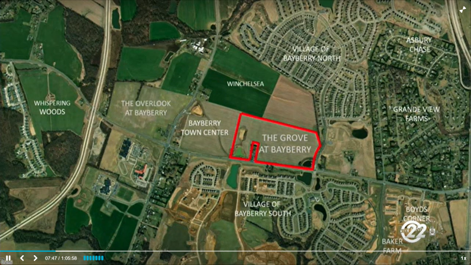 The Grove at Bayberry is a proposed 176-residence project just west of Bayberry Town Center along Bord's Corner Road. Most homes will be restricted to older residents. The project is headed by developer Blenheim Homes.