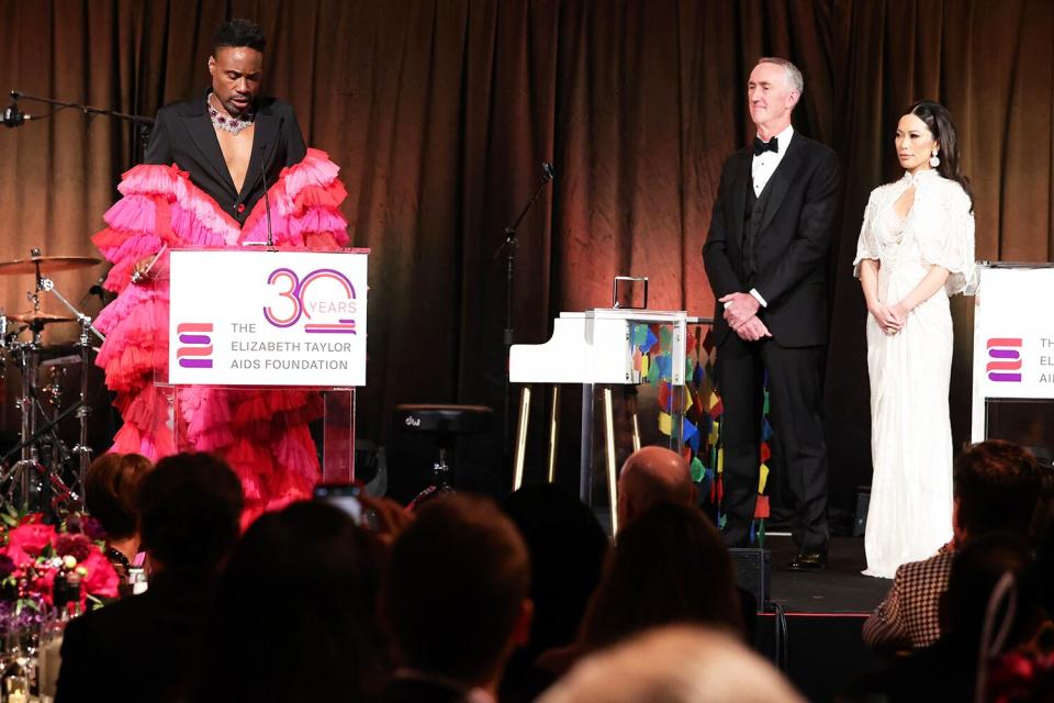 Billy Porter (L) speaks onstage during The Elizabeth Taylor Ball To End AIDS on September 17, 2021 in West Hollywood, California.