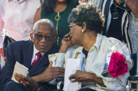 Claudette Colvin shares a moment with her attorney from the civil-rights era, Fred Gray, at the news conference after she filed paperwork to have her juvenile record expunged, Tuesday, Oct. 26, 2021, in Montgomery, Ala. She was arrested for not giving up her seat during the civil rights era. (AP Photo/Vasha Hunt)