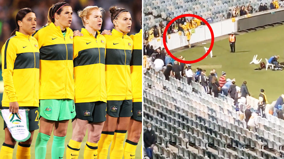 Sam Kerr and her Matildas teammates, pictured here signing autographs for fans over an hour after the match.