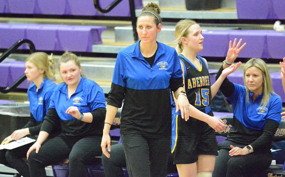 Aberdeen Central head girls basketball coach Mikayla Arechigo looks on during during a high school girls basketball game against Watertown on Monday, Feb. 20, 2023 in the Watertown Civic Arena.