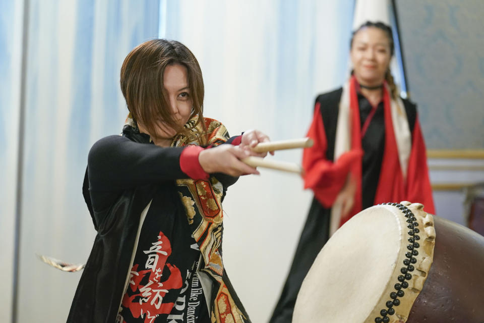 COBU, a drum company that draws from Japanese tradition, performs after a news conference in New York, Wednesday, April 27, 2022. Performers and Japanese officials were promoting the first ever Japan Parade, celebrating Japanese culture and tradition, which will take place in New York on Saturday, May 14, 2022. (AP Photo/Seth Wenig)