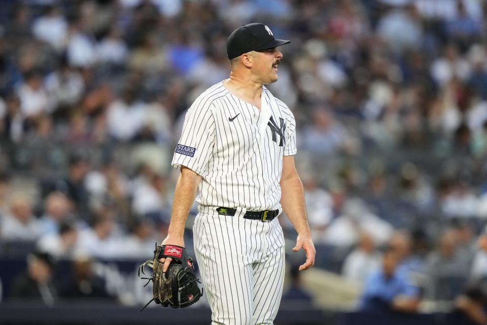 New York Yankees starting pitcher Carlos Rodon reacts after Tampa Bay Rays' Randy Arozarena runs the bases after hitting a two-run home run during the third inning of a baseball game Tuesday, Aug. 1, 2023, in New York. (AP Photo/Frank Franklin II)