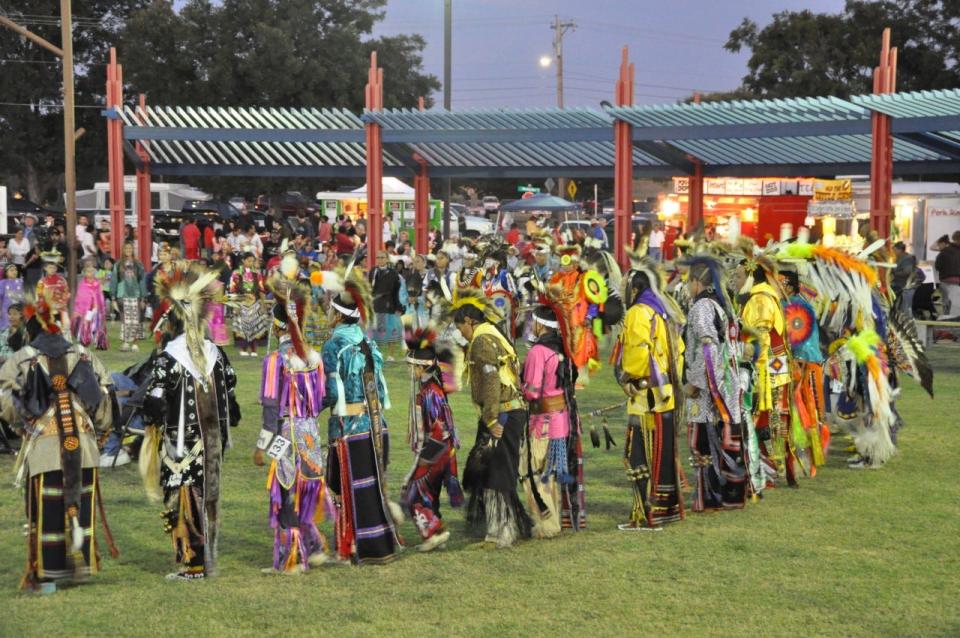 Dancers get ready to perform at a Standing Bear Powwow.