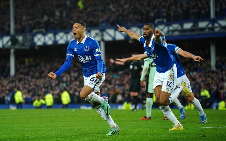 Everton's Lewis Dobbin (left) celebrates scoring their side's second goal of the game