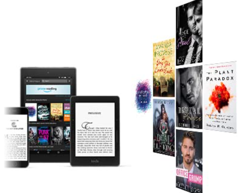 A montage of kindle and tablets with books on them at the left; at right are a series of book covers.