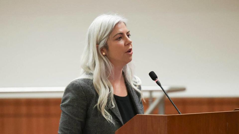 Kari Howell, San Luis Obispo County Homeless Management Information System manager, at the San Luis Obispo County Board of Supervisors meeting on May 21, 2024.