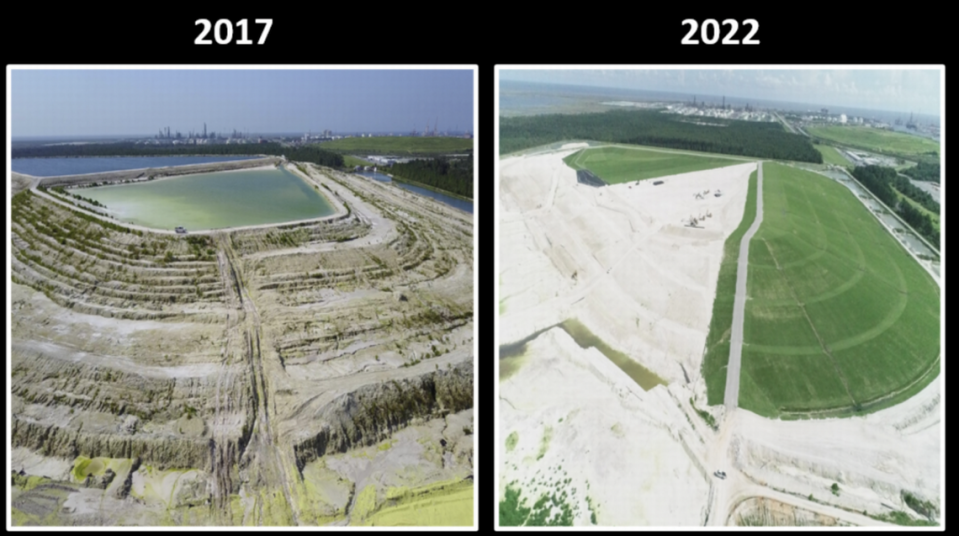 A side-by-side comparison of the Mississippi gypsum stack closure project taken from a March 2023 presentation. Closure is expected to be completed in 2025.