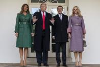 <p>Melania once again flaunted her impeccable sense of style in this forest green leather trench from Alexa Chung when she greeted the Czech Prime Minister Andrej Babis and his wife on March 7, 2019.</p>