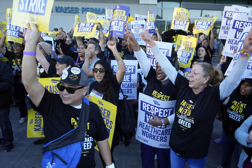 Kaiser Permanente healthcare workers rally outside Kaiser Permanente Los Angeles Medical Center in Los Angeles on Wednesday, Oct. 4, 2023. (AP Photo/Damian Dovarganes)