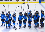 Toronto players salute the crowd after a loss to Minnesota in Game 5 of a PWHL playoff hockey series Friday, May 17, 2024, in Toronto. (Mark Blinch/The Canadian Press via AP)