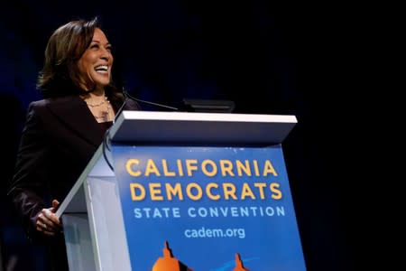 FILE PHOTO: U.S. Senator Kamala Harris (D-CA) speaks during the California Democratic Convention in San Francisco