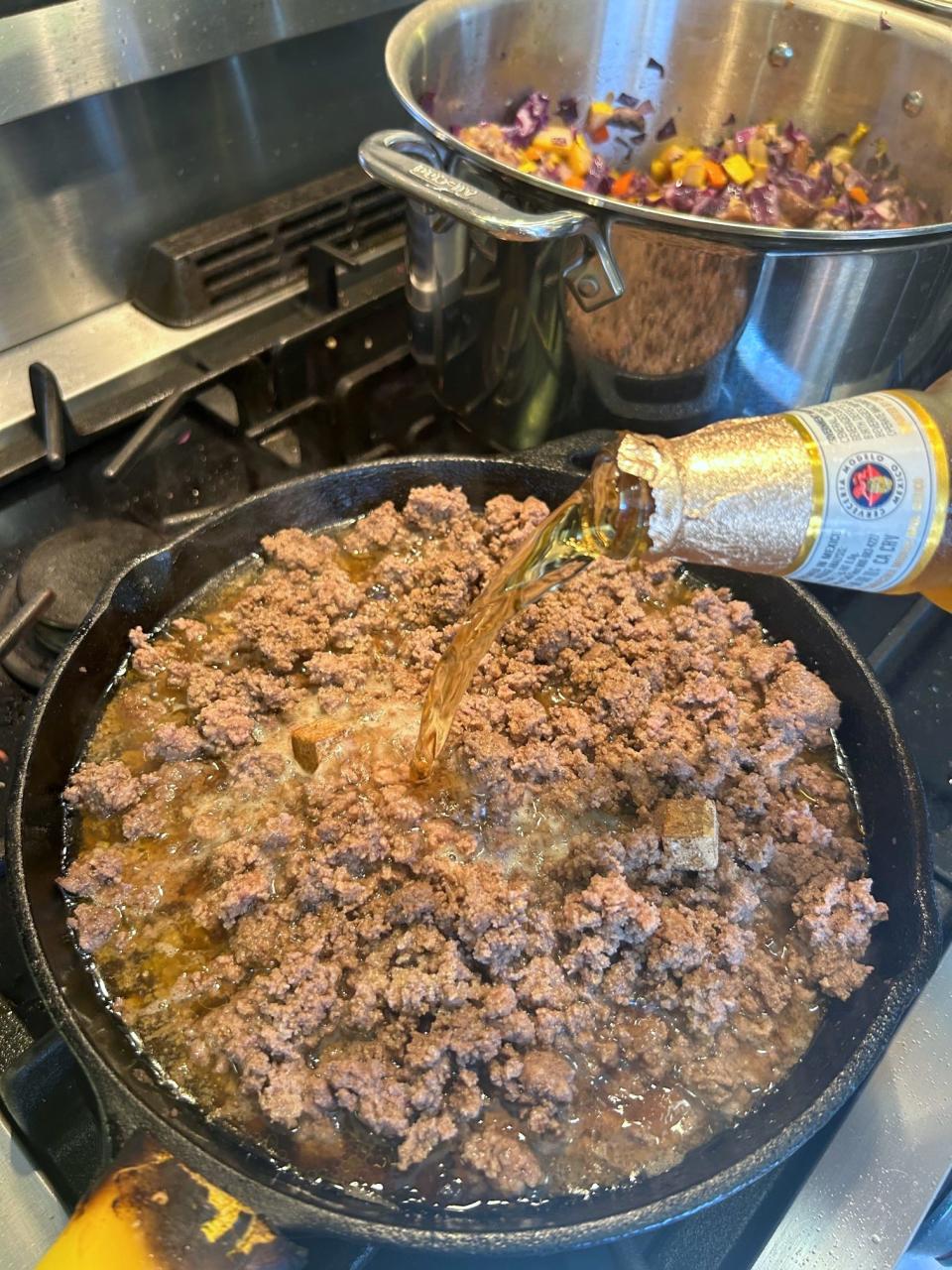 Adding beer to meat for Best Damn Chili