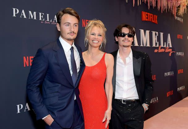 PHOTO: Brandon Thomas Lee, Pamela Anderson, and Dylan Jagger Lee attend Netflix's 'Pamela, a love story', Jan. 30, 2023 in Los Angeles. (Charley Gallay/Getty Images)