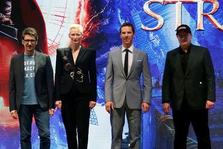 Director Scott Derrickson, actors Tilda Swinton, Benedict Cumberbatch and Marvel Studios President Kevin Feige (L-R) attend a promotion of film "Doctor Strange" in Hong Kong, China October 13, 2016. REUTERS/Bobby Yip