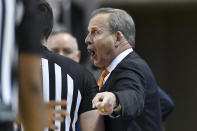 Tennessee head coach Rick Barnes talks to the officials after a technical foul during the first half of an NCAA college basketball game against Auburn Saturday, Feb. 22, 2020, in Auburn, Ala. (AP Photo/Julie Bennett)