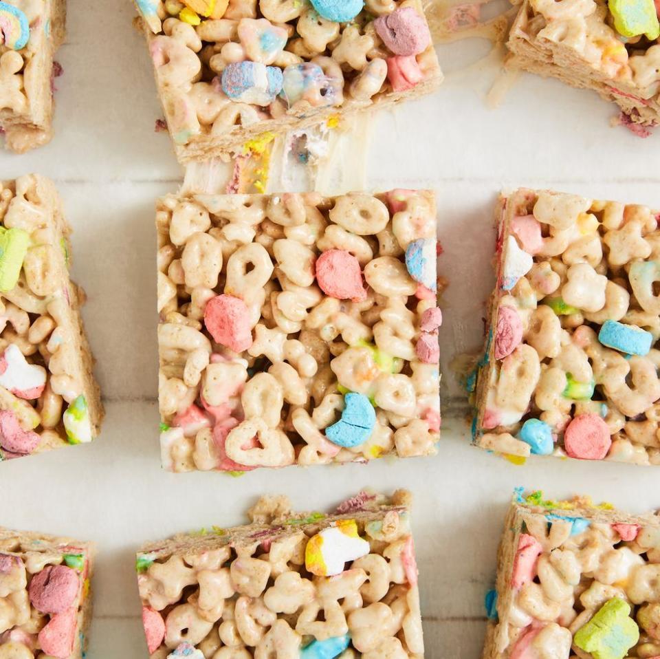 <p>This easy peasy recipe uses Lucky Charms cereal to add a festive touch to a classic treat.</p><p>Get the <strong><a href="https://www.delish.com/cooking/recipe-ideas/a30982529/lucky-charms-marshmallow-treats-recipe/" rel="nofollow noopener" target="_blank" data-ylk="slk:Lucky Charms Rice Krispies recipe;elm:context_link;itc:0;sec:content-canvas" class="link ">Lucky Charms Rice Krispies recipe</a> </strong>from Delish.  </p>