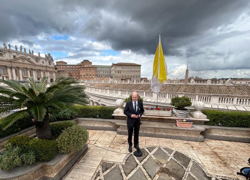 German Chancellor Olaf Scholz speaks to journalists after a meeting with Pope Francis. The head of more than 1.4 billion Catholics welcomed the SPD politician to the Apostolic Palace. Christoph Sator/dpa