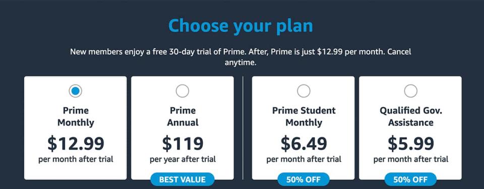 amazon prime plans