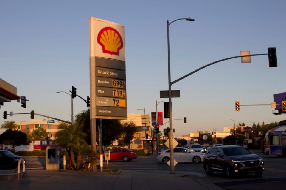 A Shell gas station at the corner of Olympic Boulevard and Fairfax Avenue in Los Angeles on March 6, 2022, where a regular gas costs $6.99 a gallon. Gas prices are on the rise across the country, and in California, the average cost is $5.28.