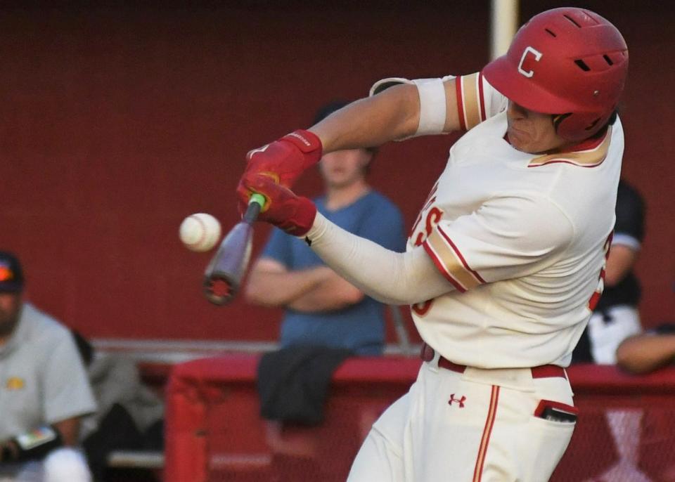 Coronado's John Curry hits the ball against Abilene Wylie in a District 4-5A baseball game Tuesday, April 25, 2023, at O'Banion Field.