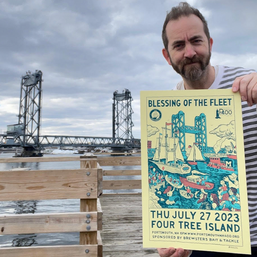 Artist Dan Blakeslee holds a silkscreen print of the poster he created to commemorate the return of Portsmouth's Blessing of the Fleet ceremony to be held Thursday, July 27, 2023 to celebrate the city's 400th anniversary.