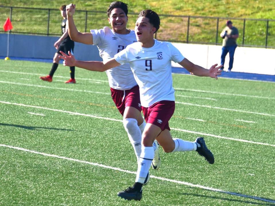 Golden Valley High senior Carlos Mirando (9) celebrates after scoring a first-half goal during a 4-2 win over Del Oro in the Sac-Joaquin Section Division II championship match at Cosumnes River College in Sacramento, Calif. on Saturday, Feb. 24, 2024.