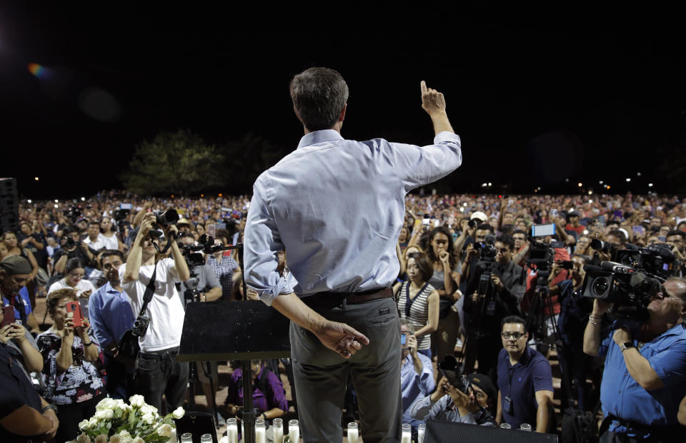 Democratic presidential candidate and former Texas Rep. Beto O'Rourke speaks during a vigil on Sunday in El Paso, Texas. (AP Photo/John Locher)