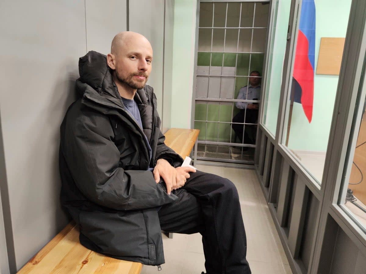 Sergey Karelin appears in court in the Murmansk region of Russia on Saturday (AP)