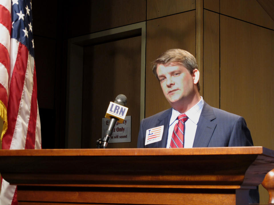 FILE - In this July 22, 2020 file photo, Luke Letlow, R-Start, chief of staff to exiting U.S. Rep. Ralph Abraham, speaks after signing up to run for Louisiana's 5th Congressional District in Baton Rouge, La. Louisiana’s newest member of Congress is in intensive care with COVID-19. Posts on Rep. Luke Letlow’s website and Twitter account Wednesday, Dec. 23, 2020 noted that the congressman is being treated at Ochsner LSU Health in Shreveport. (AP Photo/Melinda Deslatte, File)