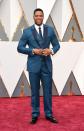 <p>The TV personality rocked a bright blue, three-piece tuxedo. Note the lapels and buttons in a complementary deep, navy blue. This is among the riskier looks on this year’s carpet.</p>