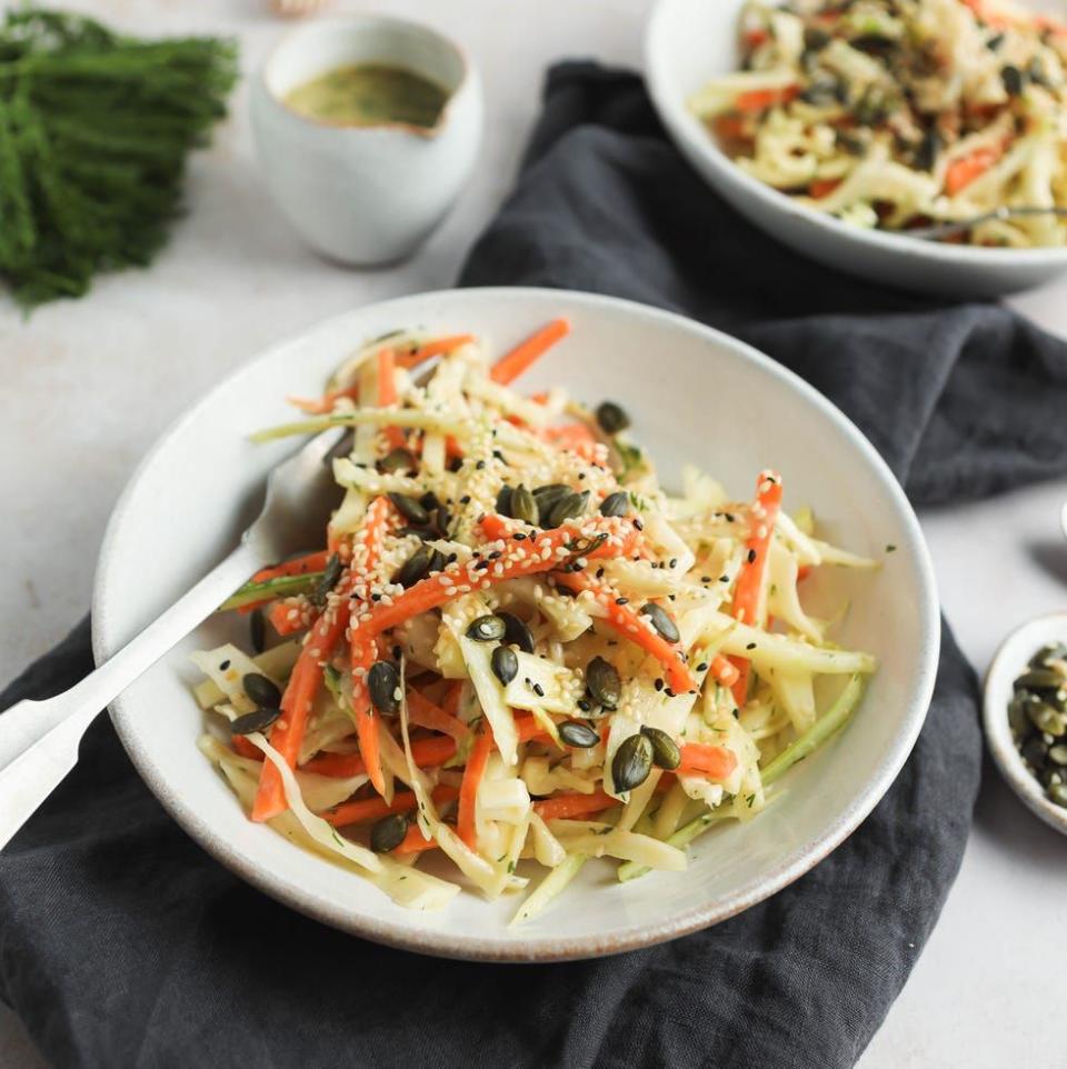 <p>This fennel salad is bright with flavour (thanks to the delicious <a href="https://www.delish.com/uk/cooking/recipes/a35116128/tahini-cookies-recipe/" rel="nofollow noopener" target="_blank" data-ylk="slk:tahini;elm:context_link;itc:0;sec:content-canvas" class="link ">tahini</a> dressing) and makes the perfect summer side. Using minimal ingredients, you can knock this salad up in as little as 10 minutes. </p><p>Get the <a href="https://www.delish.com/uk/cooking/recipes/a39435659/fennel-salad/" rel="nofollow noopener" target="_blank" data-ylk="slk:Fennel Salad;elm:context_link;itc:0;sec:content-canvas" class="link ">Fennel Salad</a> recipe.</p>