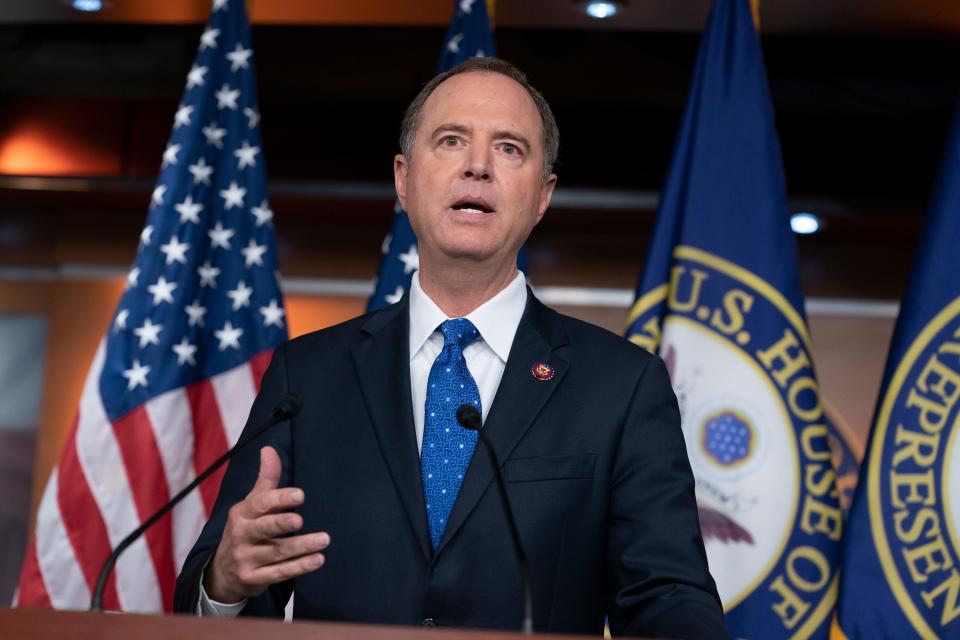 House Intelligence Committee Chairman Adam Schiff, D-Calif., talks Sept. 25, 2019, to reporters in the Capitol about the release by the White House of a transcript of a call between President Donald Trump and Ukrainian President Voldymyr Zelenskiy, in which Trump is said to have pushed for Ukraine to investigate former Vice President Joe Biden and his family.