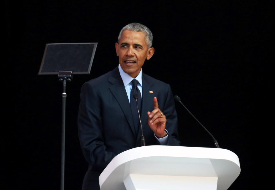 Former President Barack Obama delivers a speech marking the 100th anniversary of Nelson Mandela’s birth in Johannesburg on Tuesday. (Photo: Siphiwe Sibeko/Reuters)