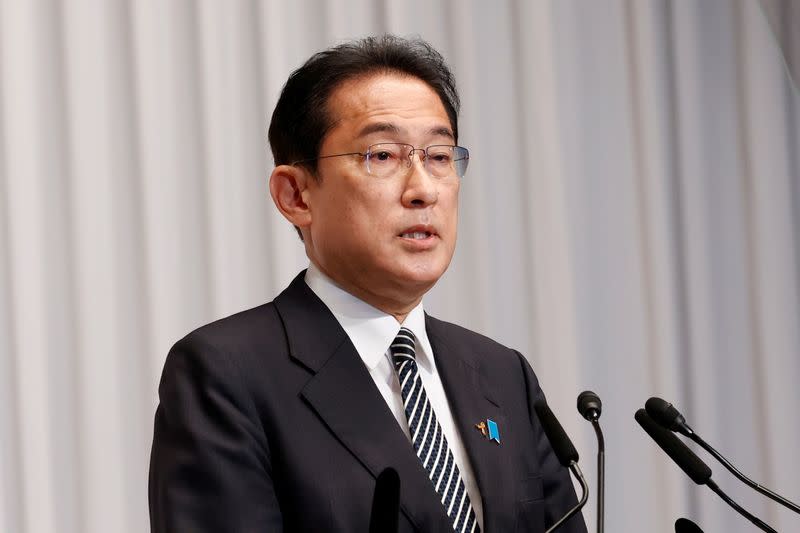 Japan's Prime Minister and ruling Liberal Democratic Party leader Fumio Kishida speaks during a news conference at the party headquarters in Tokyo