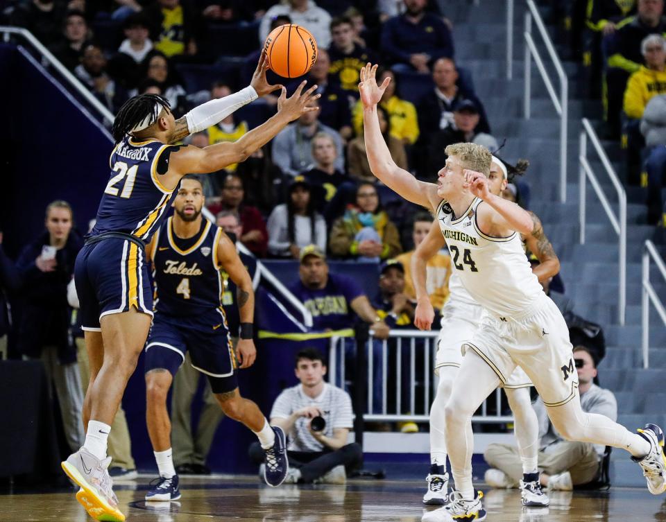 Toledo guard Dante Maddox Jr. (21) is a lifetime 40.1% three-point shooter and helped lead the Rockets to a regular-season MAC championship in 2024.