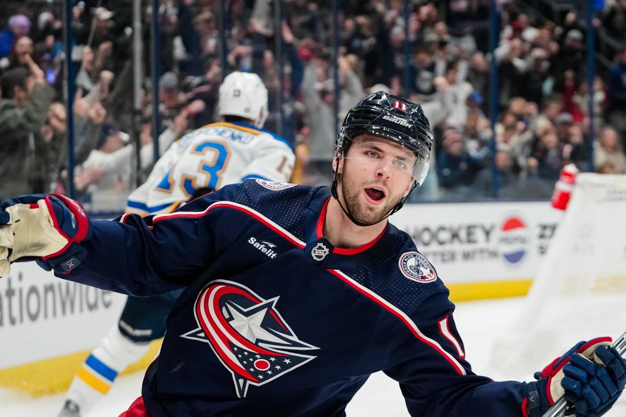 Dec 8, 2023; Columbus, Ohio, USA; Columbus Blue Jackets center Adam Fantilli (11) celebrates scoring a goal during the first period of the NHL game against the St. Louis Blues at Nationwide Arena.