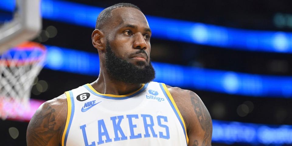 LeBron James looks from underneath the basket during a Lakers game.