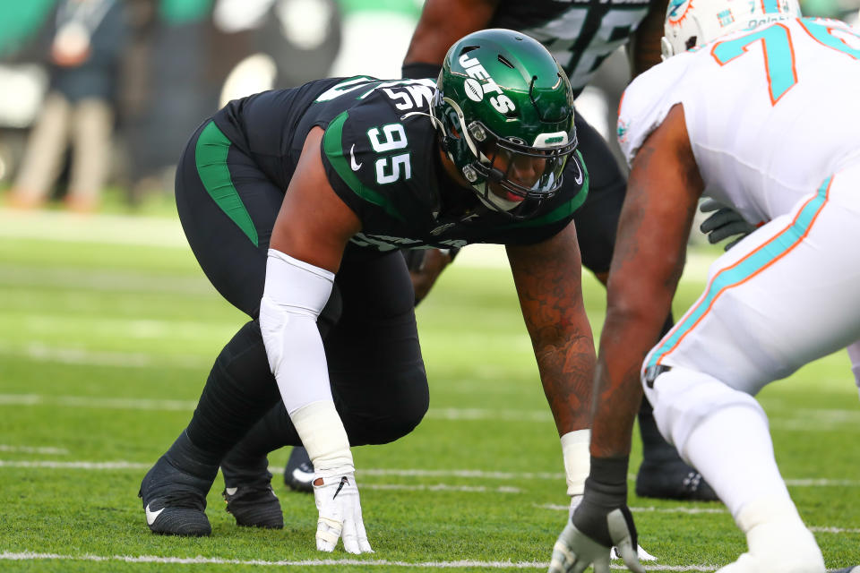 EAST RUTHERFORD, NJ - DECEMBER 08:  New York Jets defensive tackle Quinnen Williams (95)   during the National Football League game between the New York Jets and the Miami Dolphins on December 8, 2019 at MetLife Stadium in East Rutherford, NJ. The call was reversed and the New York Jets were given a first down.  (Photo by Rich Graessle/Icon Sportswire via Getty Images)